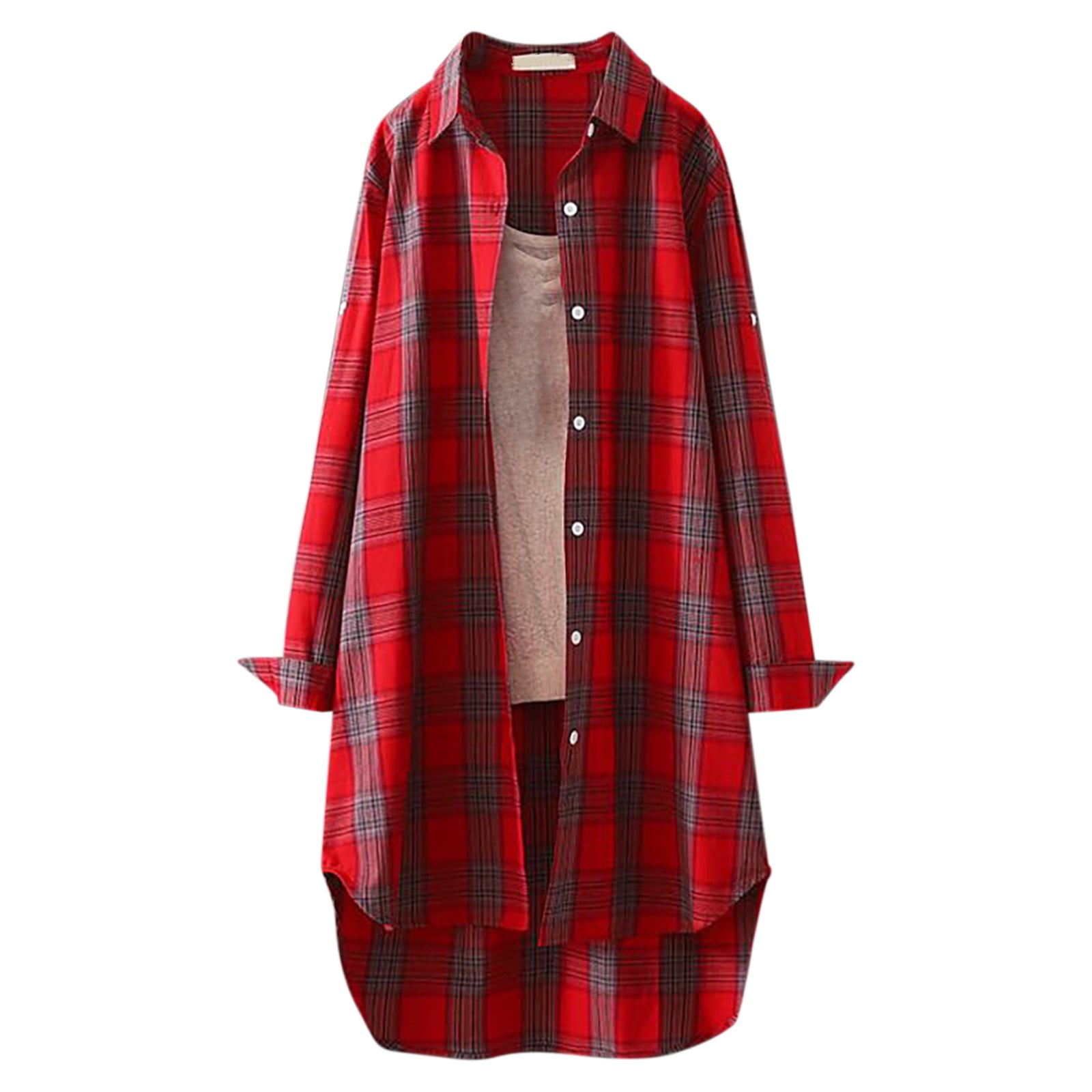 Plaid Longline Button-Up Shacket Lapel Neck Long Sleeve Shirt Pocket