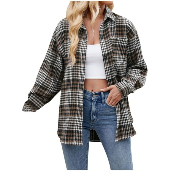 Huesdet Womens Flannel Plaid Shirts Oversized Button up Shirts Blouse Tops Brown,L