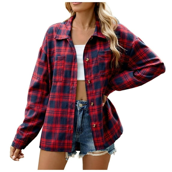 Huesdet Womens Flannel Plaid Shirts Roll Up Long Sleeve Mid-Long Casual Boyfriend Shirts with Pockets(L,Red)