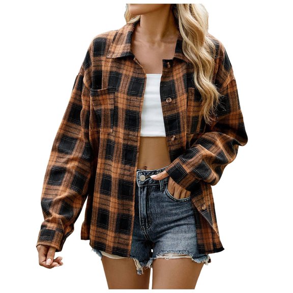Huesdet Womens Flannel Plaid Soft Flannel Button Up Shirt Roll Up Long Sleeve Flannel Plaid Shirt Blouses Women(L,Brown)