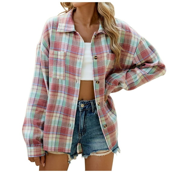 Huesdet Womens Flannel Shirts Long/Roll Up Sleeve Collared Button Up Plaid Shirt Casual Work Tops(S,Pink)