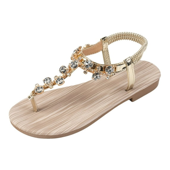 Huesdet Womens Flat Sandals Jelly Flip Flops Rhinestones Bow Knot Glitter Sandals(Gold,7)