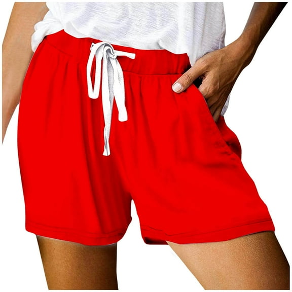 Huesdet Womens Lightweight Shorts Casual Baggy Linen Shorts Trendy Short Pants Elastic Waist Drawstring Comfy Shorts Bottoms(Red,S)
