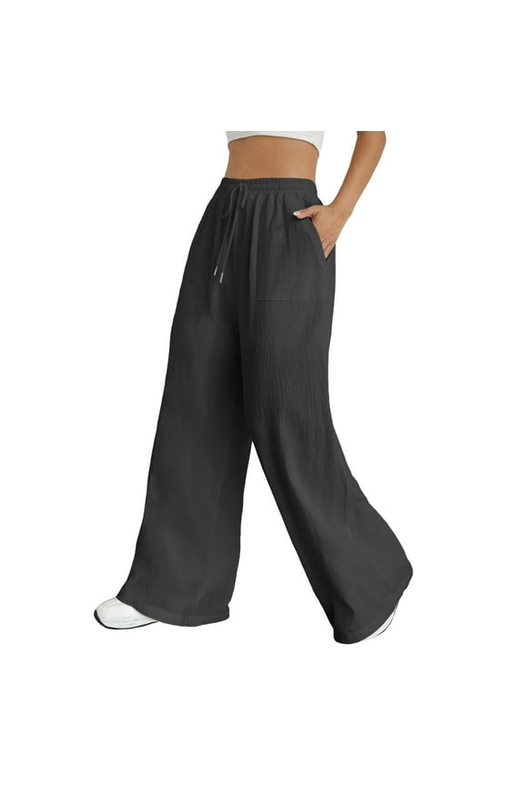 Womens Linen Pants Wide Leg Lounge Pant High Waisted 2024 Summer Beach Work Boho Casual Trousers Grey,L