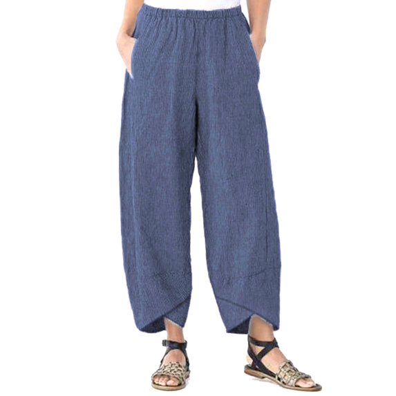 Huesdet Womens Linen Pants with Pockets High Waist Comfy Summer Pants Lightweight Loose Trousers(Navy,S)