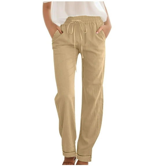 Huesdet Womens Pants Elastic Waist Long Straight Pants Casual Cotton and Linen Solid Drawstring Wide Leg Trousers With Pockets(Khaki,S)