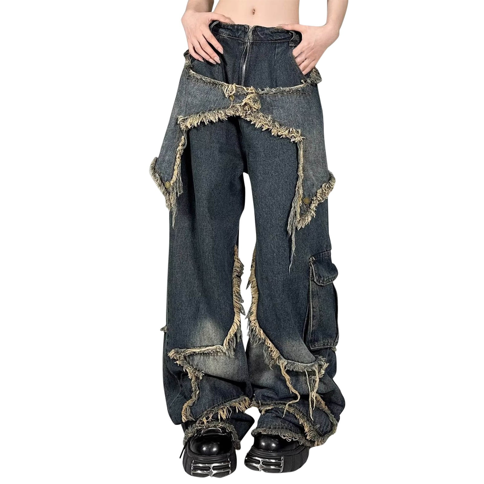 Huesdet Womens Star Printed Jeans High Waist Baggy Cargo
