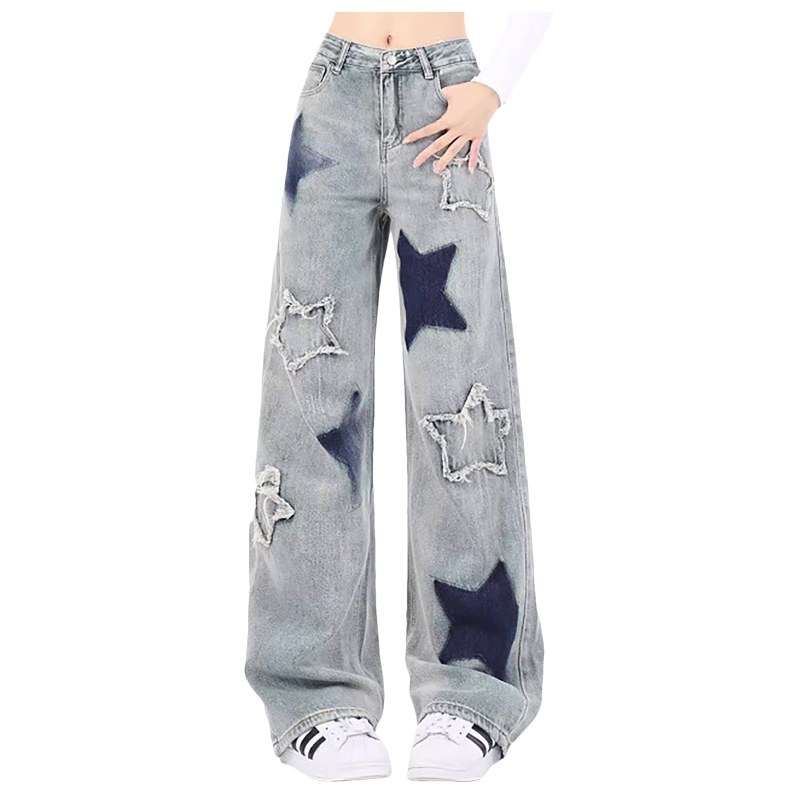 Huesdet Womens Star Printed Jeans High Waist Baggy Cargo