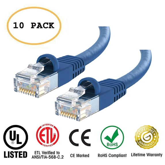 Huetron™ 10-Pack Cat 6 Ethernet Cable Cat6 Snagless Patch 1.5 Feet - Computer LAN Network Cord, BLUE