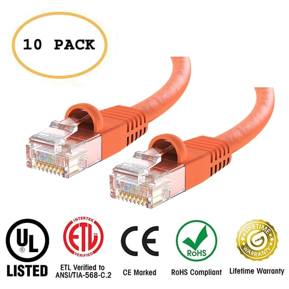 Huetron? 10-Pack Cat 6 Ethernet Cable Cat6 Snagless Patch 1 Feet - Computer LAN Network Cord, ORANGE