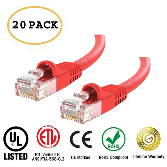 Huetron™ 20-Pack Cat 6 Ethernet Cable Cat6 Snagless Patch 10 Feet - Computer LAN Network Cord, RED