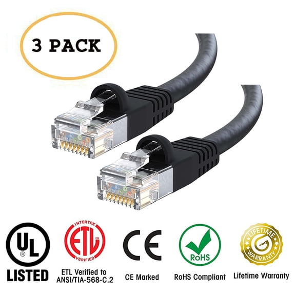 Huetron™ 3-Pack Cat 6 Ethernet Cable Cat6 Snagless Patch 175 Feet - Computer LAN Network Cord, BLACK