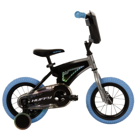Huffy 12” Electro-Light Kids Bike, LED Infinity Light Frame, Chainguard, and Front Plate, Coaster Brake, Removable Training Wheels, Fits Riders 37” - 42”, Gray/Blue