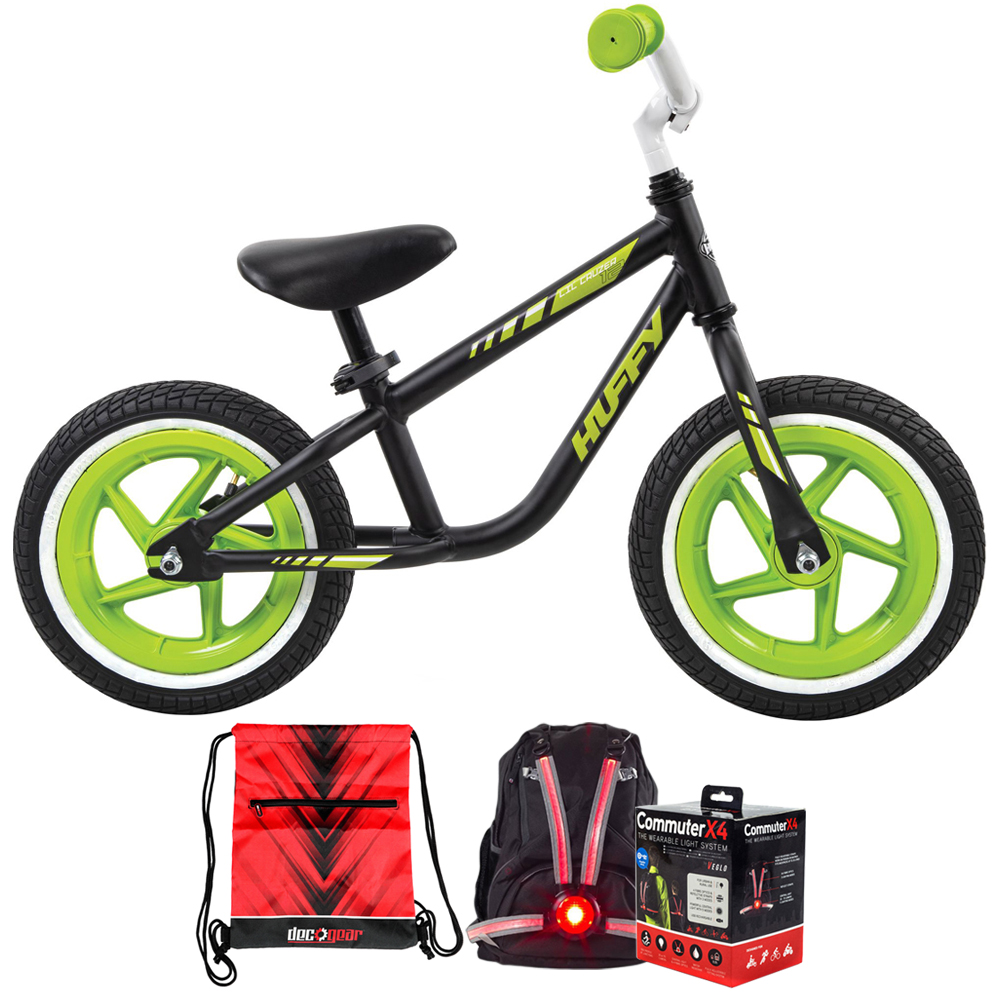 Huffy 22021 Lil Cruzer 12 inch Balance Bike Bundle with Veglo Commuter X4 Wearable Rear Light System and Deco Essentials Drawstring Bag