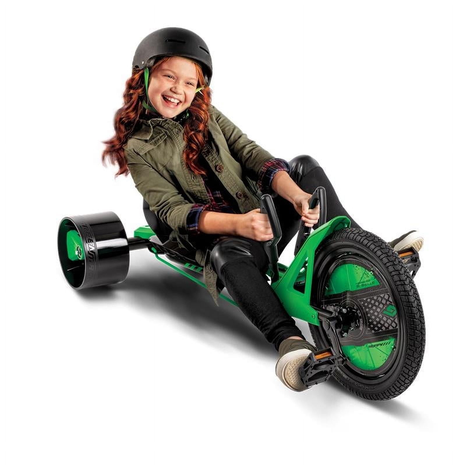 Huffy Green Machine 16 Inch Drift Trike, Sleek Ergonomic Design, Adjustable Seat, Durable Steel Frame, Easy to Operate, Drift Trike for Kids Ages 5-8, Max Weight 80lbs, Coaster Brake, Green and Black