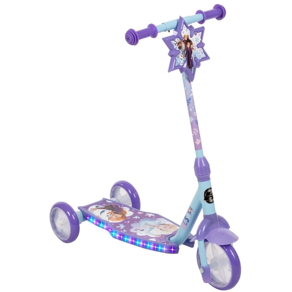 Huffy Disney Frozen Light-Up 3-Wheel Scooter for Kids, Ages 3+, LED Deck, Wide Non-Slip Deck, Stable Tilt-and-Turn Ride, Elsa & Anna Graphics, Lightweight, Toddler Kick Scooter, Girls, Purple