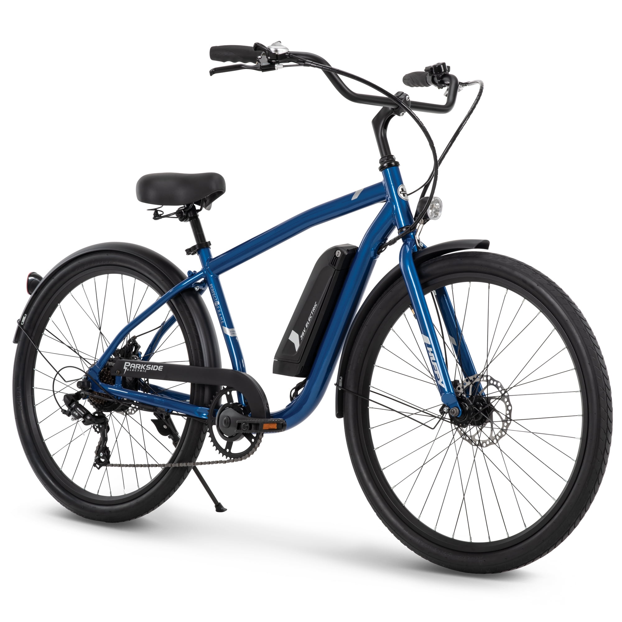 Huffy Parkside 27.5 in. 7-Speed Men's Electric Bike with Throttle, Blue,  36V, 350W, UL 2849 compliant 