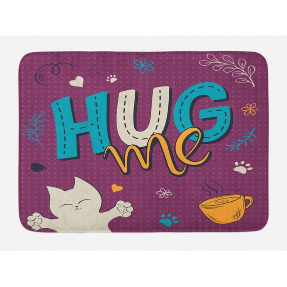 Hug Bath Mat, Happy Colorful Doodle of Cat Tea Cup Tiny Hearts and Hug Me Lettering, Plush Bathroom Decor Mat with Non Slip Backing, 29.5" X 17.5", Multicolor, by Ambesonne