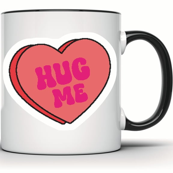 Hug Me Candy Heart Mug - Cute & Funny Valentines Gift for Her & Him - Coffee & Heart Mug for Valentine's Day - 11 Ounce Black Rim Handle Novelty Coffee Cup - WMUG0543-Black Rim