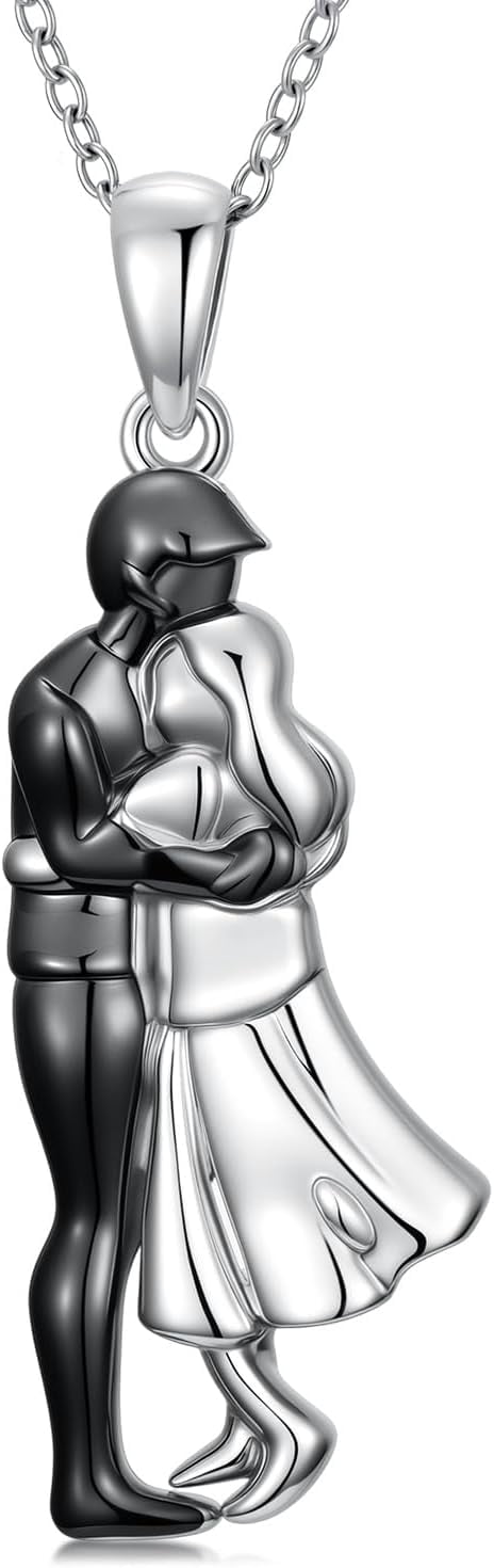 Hug Couple Necklace 925 Sterling Silver Man and Woman Couple Hugging Pendant Necklace Anniversary Valentines day Jewelry Gifts for Women Wife Friend Him and Her