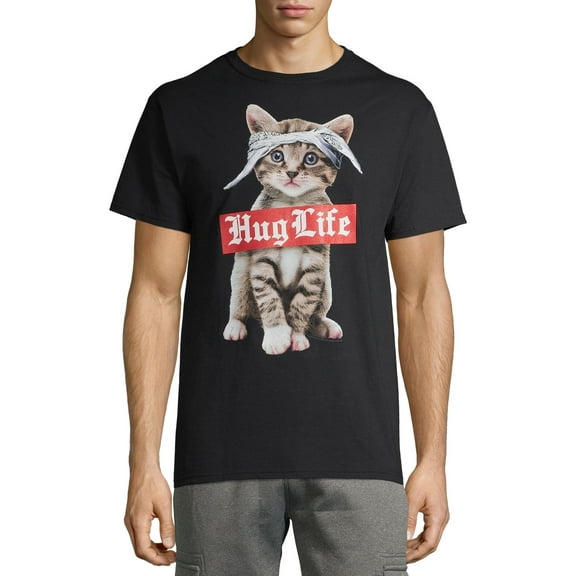 Teelocity Men's Funny Cute Hug Life Gangster Cat in Bandana Black Relaxed Fit Short Sleeve Graphic T-Shirt