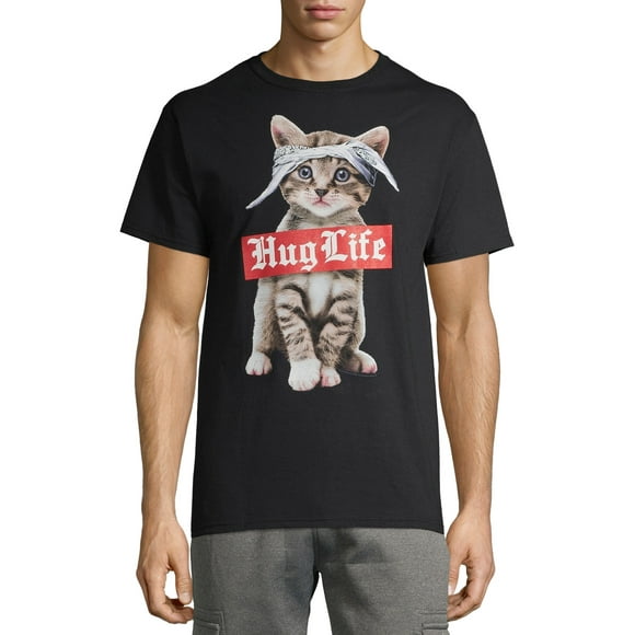 Teelocity Men's Funny Cute Hug Life Gangster Cat in Bandana Black Relaxed Fit Short Sleeve Graphic T-Shirt