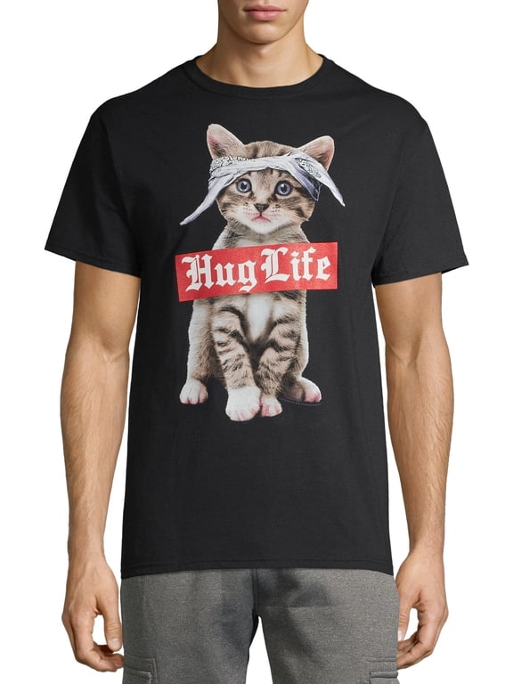 Men's Funny Cute Hug Life Gangster Cat in Bandana Black Relaxed Fit Short Sleeve Graphic T-Shirt
