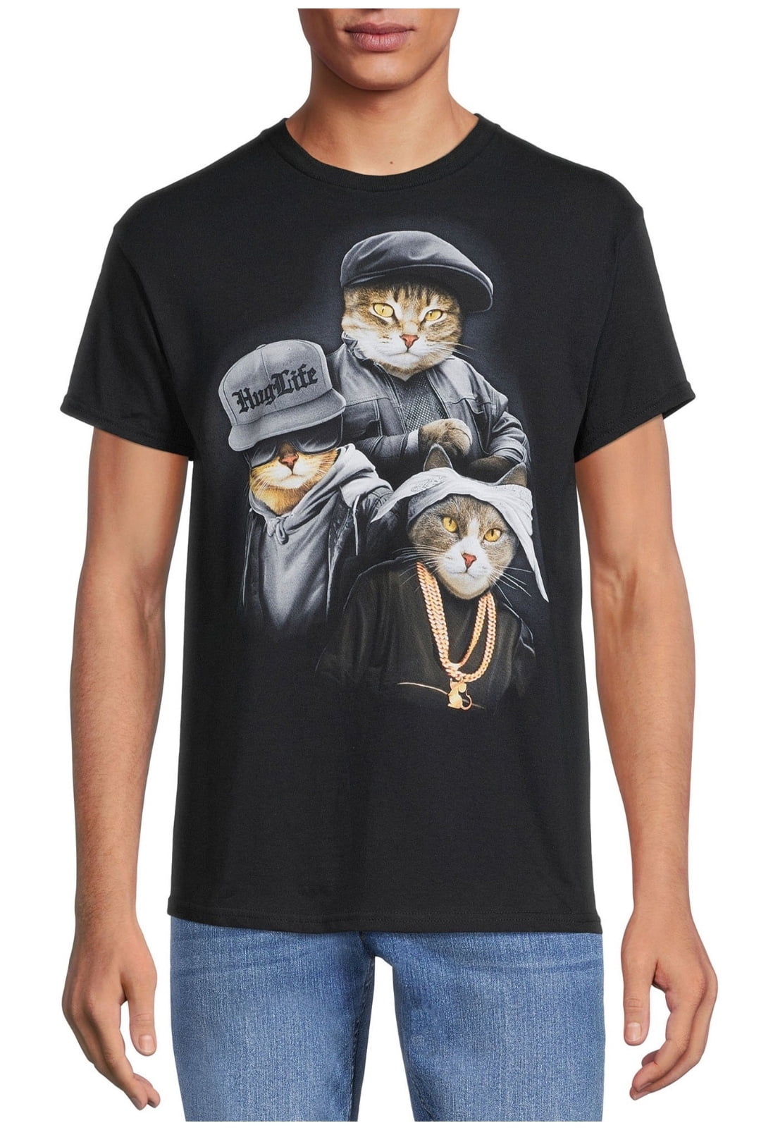 Hug Life Kitty Cat Trio Black Graphic T-Shirt - Small 