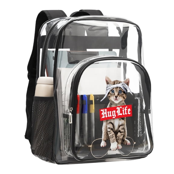 Hug Life kitten 16'' Clear Backpack, Heavy Duty PVC Transparent Backpack, See Through Bookbag Multiple Pockets for Stadium,Travel