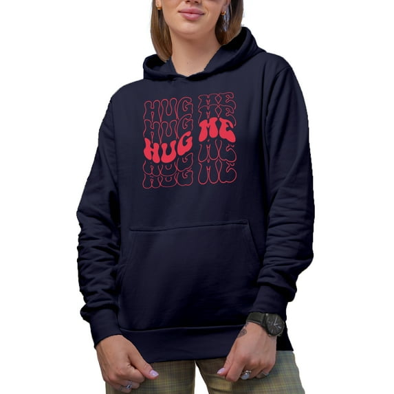 Hug Me, Expressing Love by Hugging Themed, Groovy Retro Wavy Text Merch Gift, Navy Blue Hooded Sweatshirt or Hoodie, Medium