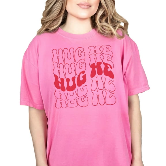 Hug Me, Groovy Retro Wavy Text, Crunchberry Comfort Colors T-Shirt, Large