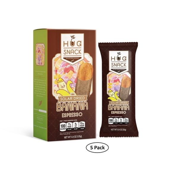 Hug Snack Natural Sun-Dried Banana, Espresso Flavor, Chewy Texture, Healthy Fruit Snacks, Made from Whole Banana (Pack of 5)