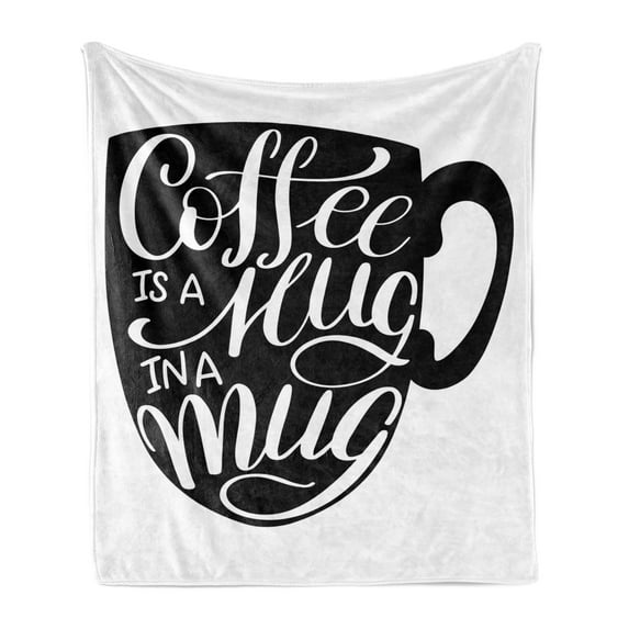 Hug Soft Flannel Fleece Blanket, Monochrome Print of Coffee is a Hug in a Mug Calligraphy on Cup Pictogram, Cozy Plush for Indoor and Outdoor Use, 70" x 90", Charcoal Grey and White, by Ambesonne
