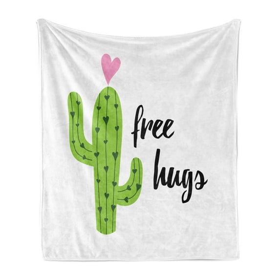 Hug Soft Flannel Fleece Throw Blanket, Cactus with Heart and Cursive Lettering Free Hugs Words, Cozy Plush for Indoor and Outdoor Use, 50" x 70", Lime Green Baby Pink, by Ambesonne