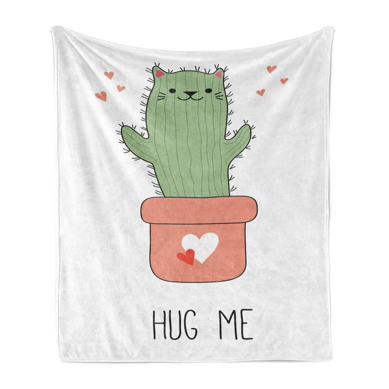 Hug Soft Flannel Fleece Throw Blanket Doodle of Funny Cactus Shape as Cat with Heart Ornate Pot and Hug Me Cozy Plush for Indoor and Outdoor Use