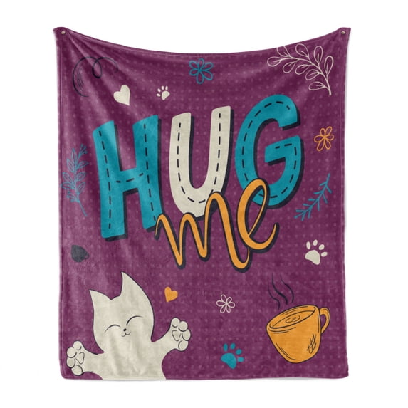 Hug Soft Flannel Fleece Throw Blanket, Happy Colorful Doodle of Cat Tea Cup Tiny Hearts and Hug Me Lettering, Cozy Plush for Indoor and Outdoor Use, 50" x 60", Multicolor, by Ambesonne