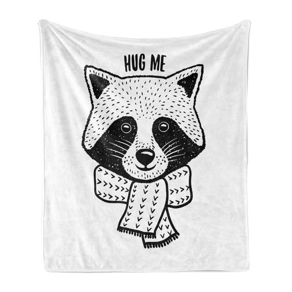 Hug Soft Flannel Fleece Throw Blanket, Outline Style Hand Drawn Raccoon with a Scarf and Hug Me Lettering, Cozy Plush for Indoor and Outdoor Use, 50" x 60", Charcoal Grey and White, by Ambesonne