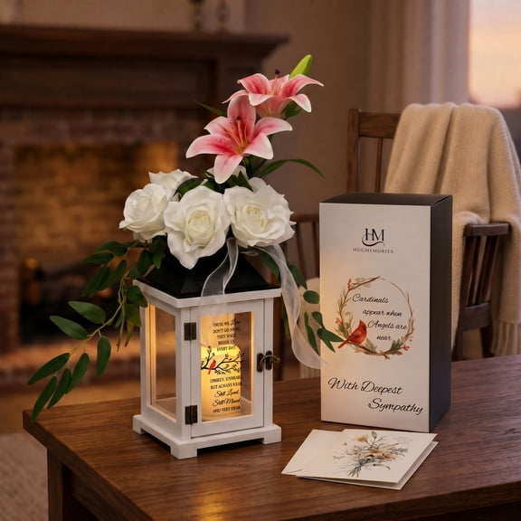 HugMemories Memorial Lantern with Lily Rose Flower, Sympathy Gift for Loss of Mother Father, Bereavement Condolence Gift for Loss of Loved One
