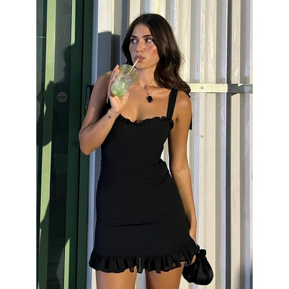 Hugcitar 2025 Elegant Solid Slips Ruffles Backless Bandage Patchwork Sexy Slim Mini Dress Women Outfits Birthday Party Vacation