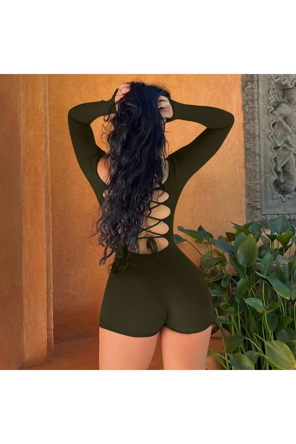 Hugcitar Long Sleeves Backless Solid Lace Up Sexy Slim Skinny Playsuit 2025 Fall Women Fashion Y2K Streetwear Party Club Rompe