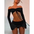 thumbnail image 1 of Hugcitar Women Matching 2 Piece Set Long Sleeve Drawstring Ruched Crop Top Mini Skirt Suit Co Ords Outfits Bodycon Sexy Party, 1 of 10