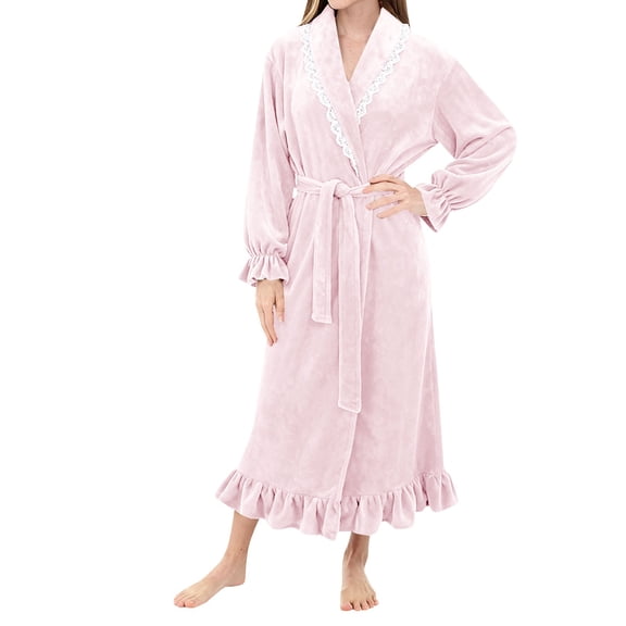 Hugcore Bathrobe for Women Fleece Maxi Robe for Women Lace Trim Fuzzy Soft Bathrobe Warm Winter Long Sleeve Nightgown Women's Robes, Light Pink, M