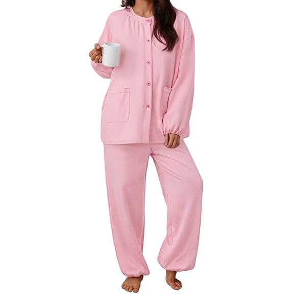 Hugcore Button Up Pajamas for Women Womens Long Sleeve Sleepwear Plush Loungewear Pajamas Cute Sleepwear Thermal Nightwear with Pockets Warm Pajamas for Women Pink M