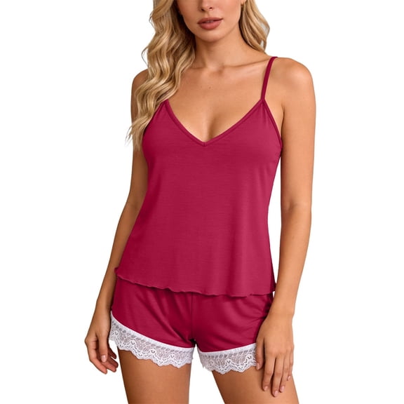 Hugcore Cami Pajama Set Womens Pajama Sets Soft Lace V Neck Camisole & Double Layer Lace Trim Nightwear Cute Pajama Sets for Women Red L