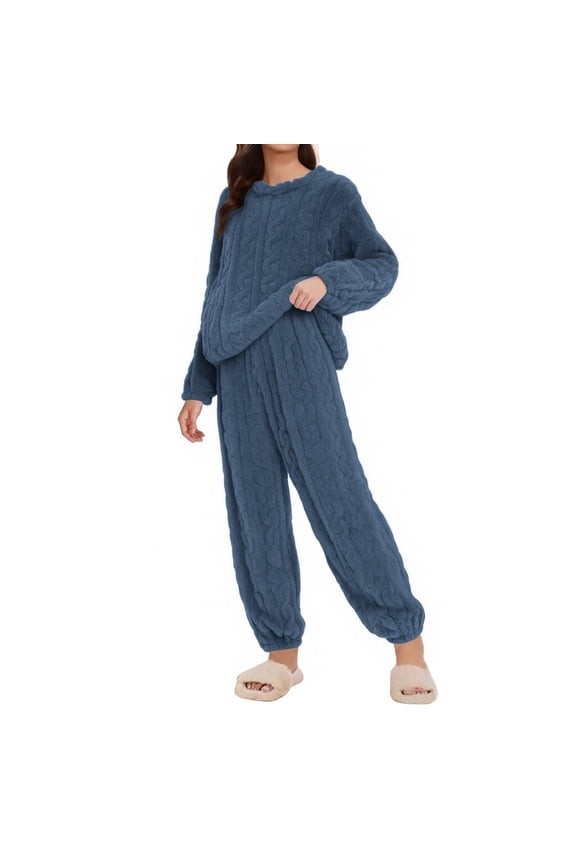 Cozy Pajamas for Women Soft Womens Pajama Sets Fleece Pajamas Comfortable Pullover Tops Sleep Pants Lounging Warm Sleepwear Fleece Pajamas, Blue, L