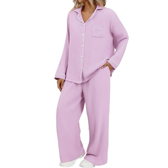 Hugcore Cute Pj Sets Woman Womens Pajamas Set Long Sleeve Sleepwear Soft Pjs Lounge Sets Loose Comfy Ladies Plush Sleepwear Matching Pajamas, Purple, XL