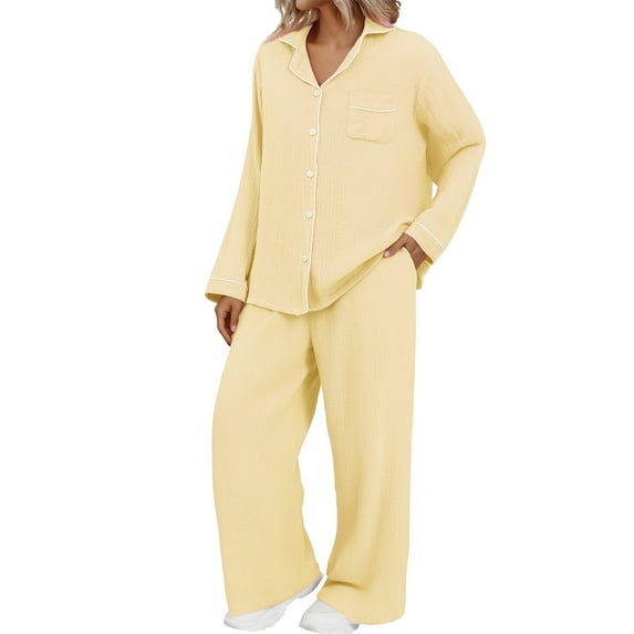Hugcore Cute Pj Sets Woman Womens Pajamas Set Long Sleeve Sleepwear Soft Pjs Lounge Sets Loose Comfy Ladies Plush Sleepwear Matching Pajamas, Yellow, 2XL