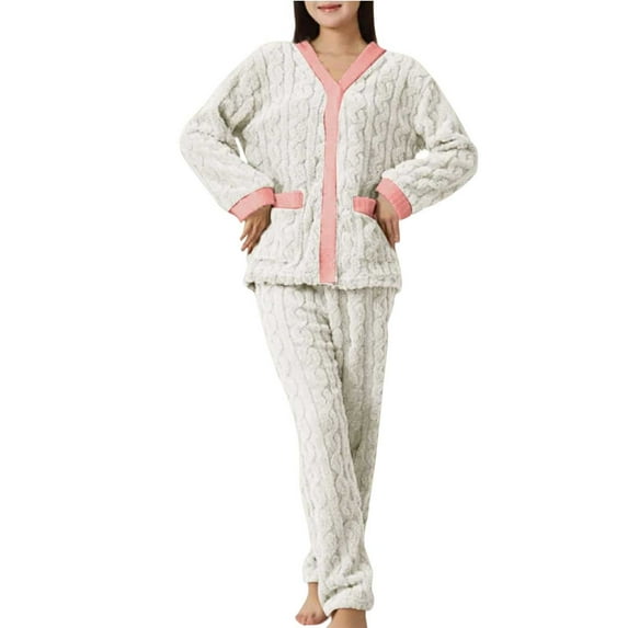 Hugcore Fleece Pajamas Women, Womens Pajama Sets 2 Piece Soft Cozy Warm Fluffy Sleepwear Lounging Warm Sleepwear Warm Pajamas for Women White One Size