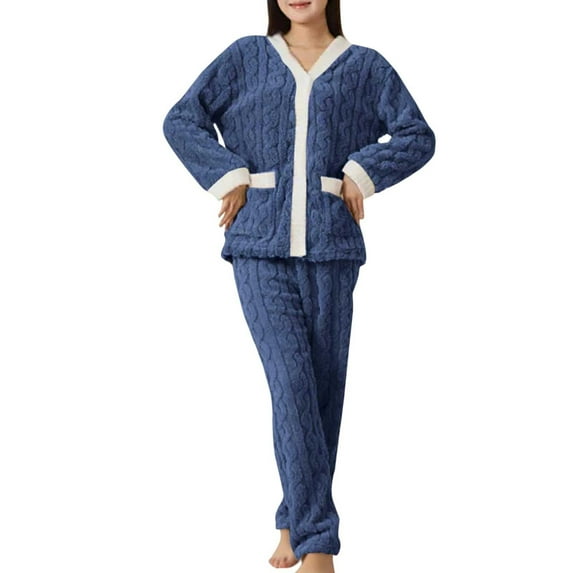 Hugcore Fleece Pajamas Women, Womens Pajama Sets 2 Piece Soft Cozy Warm Fluffy Sleepwear Lounging Warm Sleepwear Warm Pajamas for Women Blue One Size
