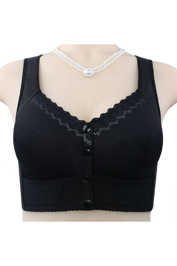 Front-Closure Wireless Bra - Full Support for Mature Women, Anti-Sagging Lace Bralette , Black 38